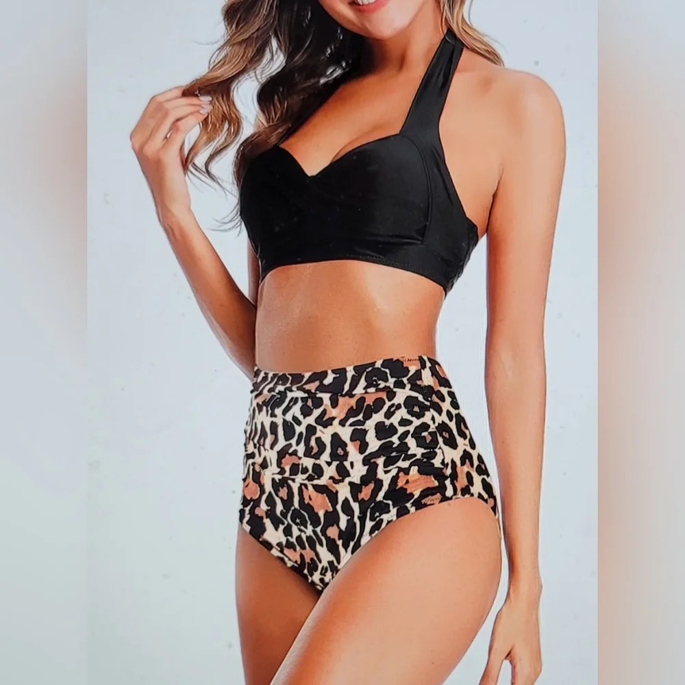 NWT LEOPARD high waisted push up strappy halter pinup bathing swim suit - Picture 2 of 9